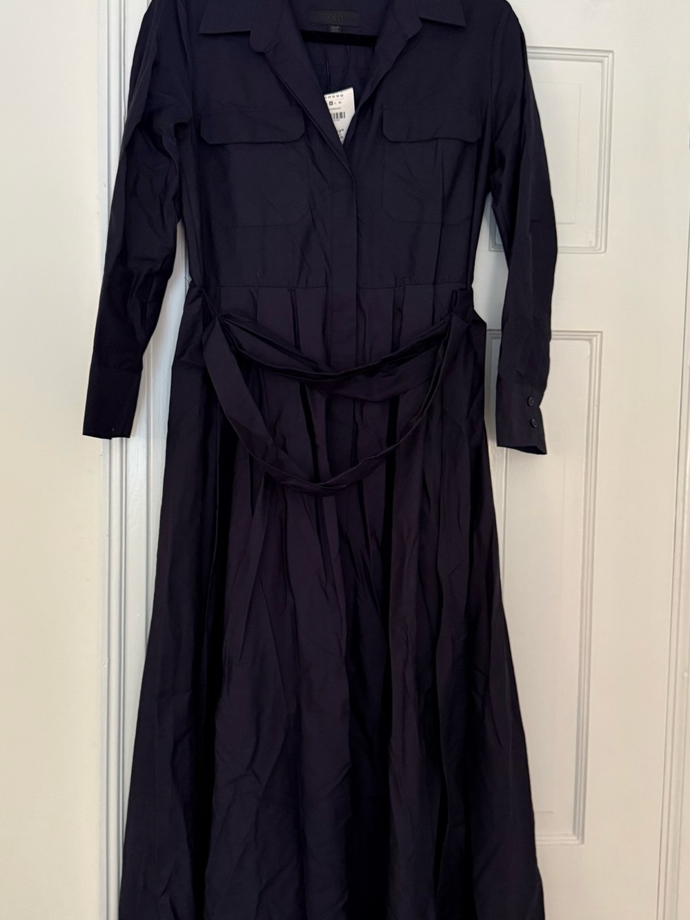 Zara Navy Long-Sleeve Shirt Dress with Waist Tie